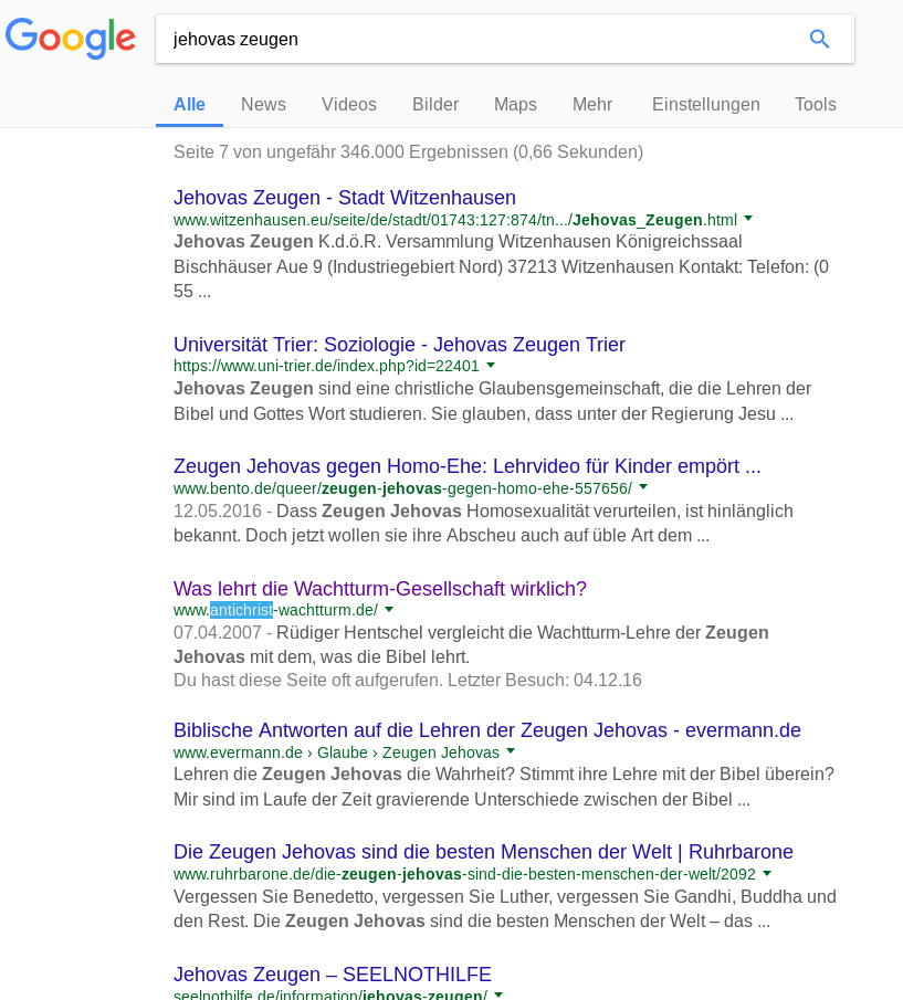 webmick.de unter dem Suchwort "Jehovas Zeugen" bei Google wieder sichtbar