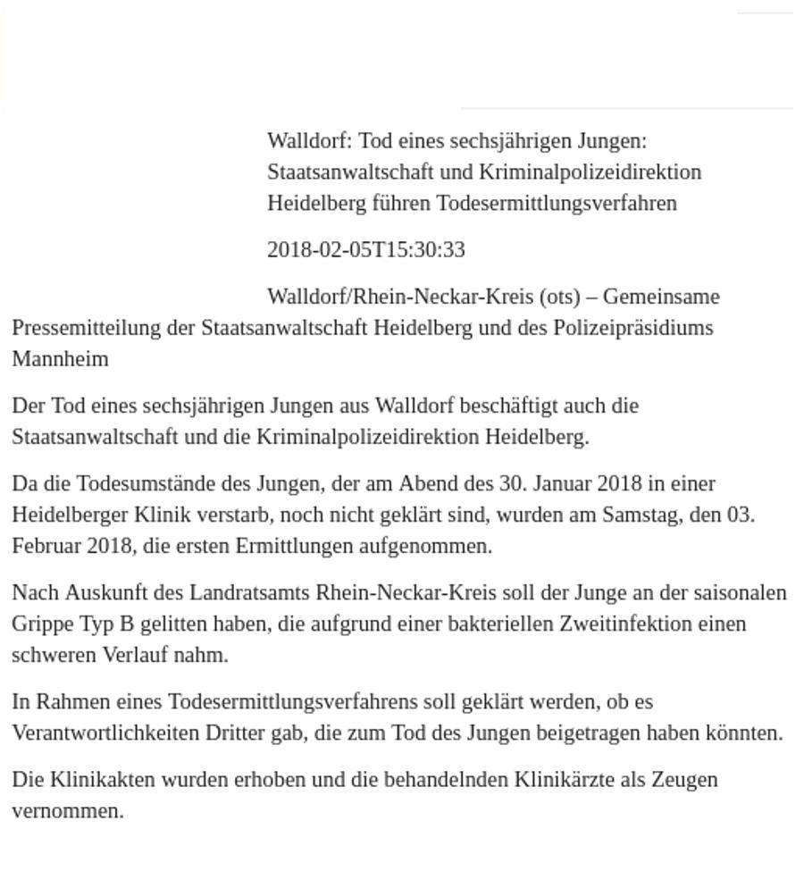 Walldorf-Wiesloch: Sechsjähriger stirbt an Behandlungsverweigerung